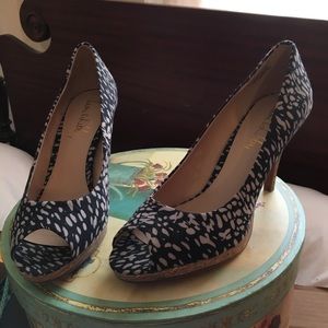 Gorgeous navy and white peep toe heels